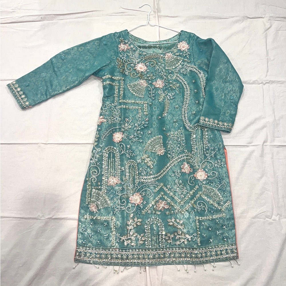 Aqua Blue Green Fancy Party Southasian Pakistani Suit Set Kameez 3 Piece NEW